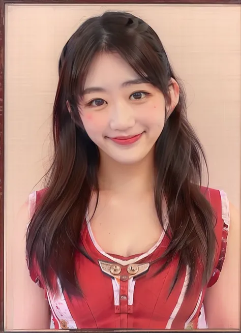 a beautiful picture of m0m0v1 , masterpiece, photorealistic, woman, detailed, RAW color photo,(fully in frame:1.1), (goosebumps:0.5),asian,<lora:m0m0v1:1>  smiling, wearing a red dress