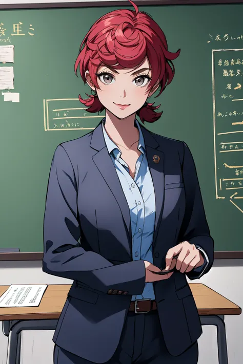 (RAW photo, best quality), 1girl,  natural lighting, mature woman, classroon, teacher, blackboard in background, teaching, 
 <lora:srw_marion_radom_v1_2-000005:1>, srw_marion_radom, shirt, suit,