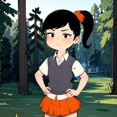 akiko yoshida, 1girl, black hair, solo, ponytail, sweater vest, school uniform, orange skirt, black eyes,  shirt, short sleeves,    <lora:Akiko_Yoshida_Leaf1:0.8>, hands on hips, forest,