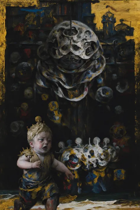 1boy, library drowning in lots of skulls, people, gold ornament, torn stuffed toy, crazy eyes, scenery, shade, (oil painting (medium), painting (medium), tkstyle:1.3) <lora:tkstyle_2-anime:1.2>