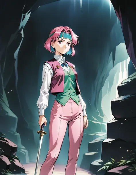 oldest,1girl,heikevahs,standing,holding ornate sword,white collared shirt,long sleeves,vest,multicolored hair,pink pants,headband,short hair,in dark cavern,expressionless,  <lora:VahsAnimagine:0.8>