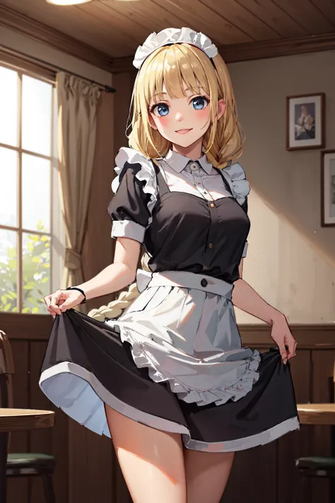 masterpiece,best quality,highres,ultra-detailed,tsukimi eiko,long hair,twin braids,blunt bangs,<lora:tsukimi_eiko:0.7>,indoors,cafe,maid,maid headdress,apron,(skirt hold:1.2),standing,cowboy shot,smile,