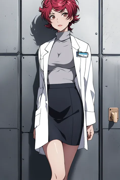 (RAW photo, best quality), 1girl,  natural lighting,
 <lora:srw_marion_radom_v1_2-000005:1>, srw_marion_radom, labcoat, turtleneck, pencil skirt, beautiful legs, against the wall,