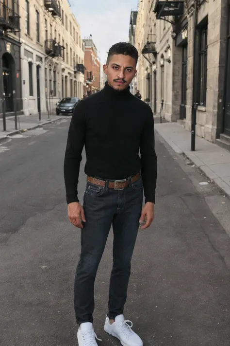 full body <lora:tiger_tyson_2-21:0.8> tgrtsn, facial hair, relaxed confident expression, wearing a well-fitted black turtleneck and dark jeans, wearing sneakers, belt, soft diffused lighting, quiet Brooklyn street, Brownstone buildings in the background