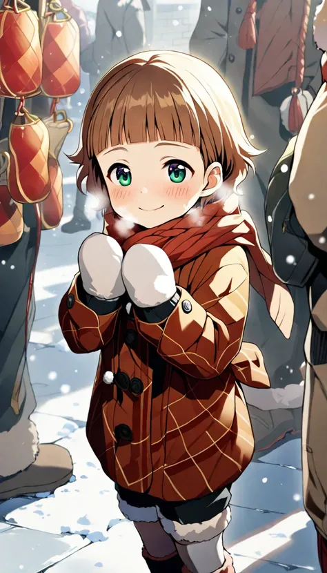 1boy,(((blunt_bangs))),brown hair,smile,very_short_hair,closed_mouth,blush,himeno_kanon,solo,child,green_eyes,mittens,snowing,scarf,breath,winter_clothes,illustration,<lora:Kanon Himeno:0.8>,spring festival,, masterpiece, best quality,