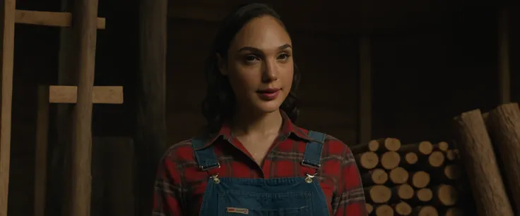 closeup portrait hyper shot of  Gal Gadot , cute face, cinemascope 35mm, film grain
 (wearing Lumberjack outfit, plaid flannel shirt:1.2), (wearing jean overalls and bra:1.2),(Wilderness Cabin:1.2),(chopping wood for a cozy log cabin:1.2)
<lora:offset_0.2:...