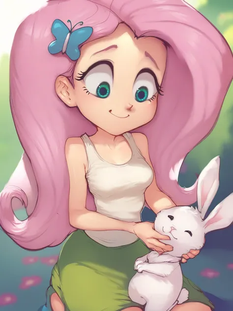 score_9, score_8_up, score_7_up, score_6_up, conoghi_style, BREAK
1girl, fluttershy (mlp), angel bunny, blue bow, bow, butterfly hair ornament, collarbone, green eyes, green skirt, hair ornament, holding bunny, medium breasts, long hair, looking down, pink...