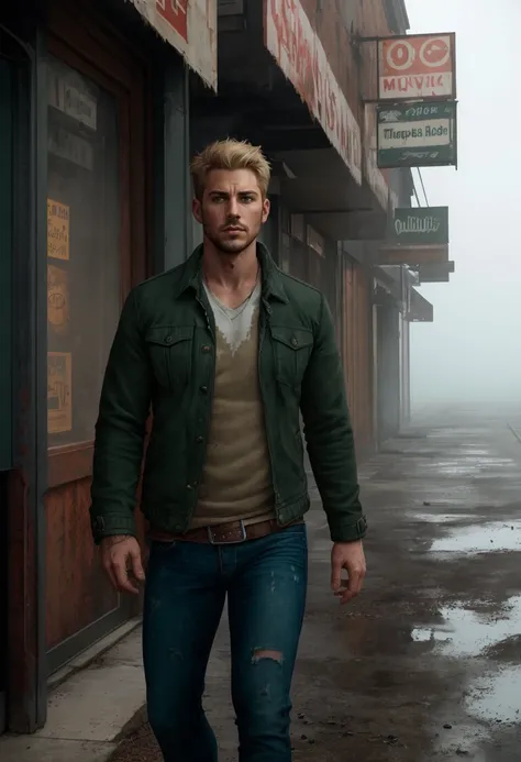 ((body portrait, body shot)), (29 year old man:1.1), James Sunderland from Silent Hill 2, terrified, dread, horror, walking the misty streets of Silent Hill, deathly silent ruined American town, (Wearing a (dark green jacket:1.1) and jeans, (short:1.1) mes...