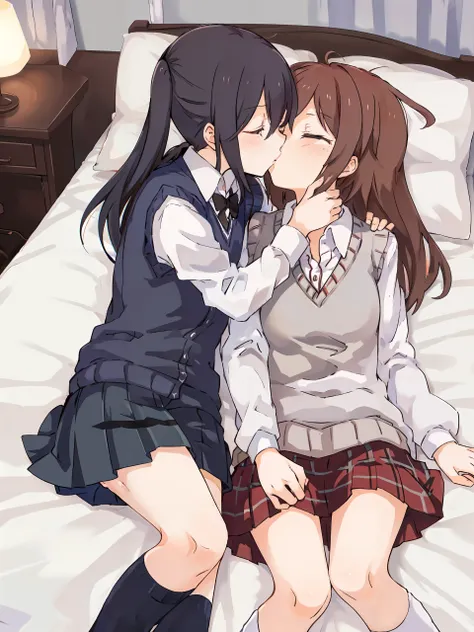 masterpiece, best quality,
 <lora:add_detail:-0.8>
<lora:kindred_spirits.v3-000007:0.9>
kd_vnstyle
2girls
"on back",bed, bedroom
kissing, school uniform, white collared shirt, clothes removed, sweater vest,