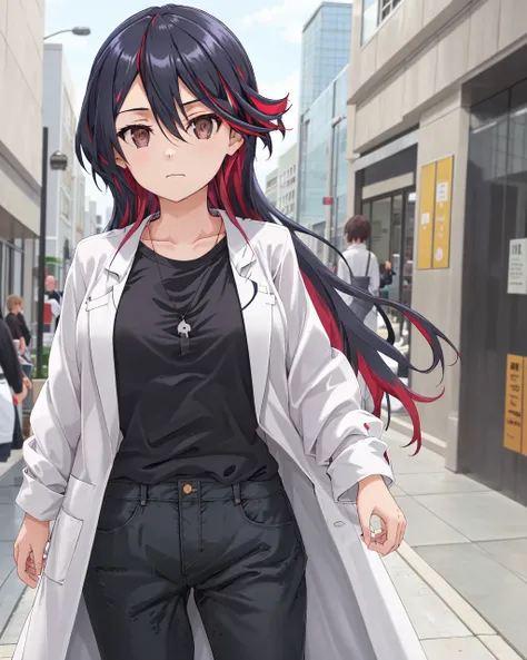 <lora:Karasuma_Kumiko-1024:0.8>,1girl, solo, long hair,shirt, black hair,brown eyes, hair between eyes, red hair,streaked hair, open clothes, pants,black shirt, white coat,