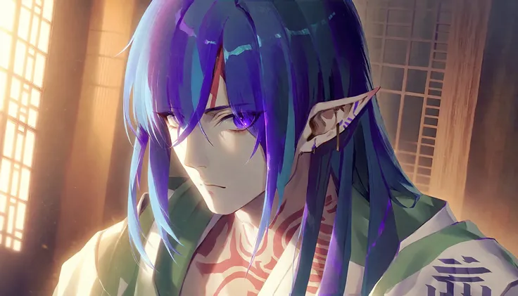 1boy, solo, long hair, blue hair, purple eyes, looking away, upper body, facing viewer, facial tattoo, expressionless, haori, pointy ears, masterpiece, best quality