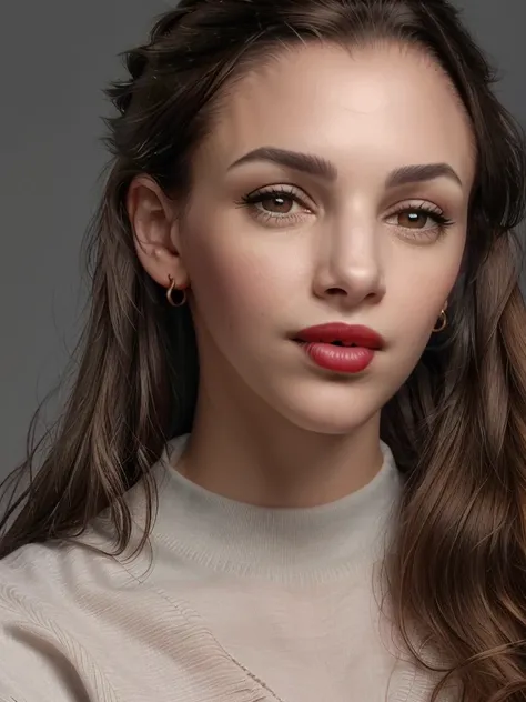 gquality, <lora:thelma-10:1> thelma, 1girl, solo, looking at viewer, simple background, closed mouth, upper body, earrings, grey background, sweater, makeup, ring, lipstick, portrait, realistic, red lips, stud earrings, black sweater, hand on head, hands