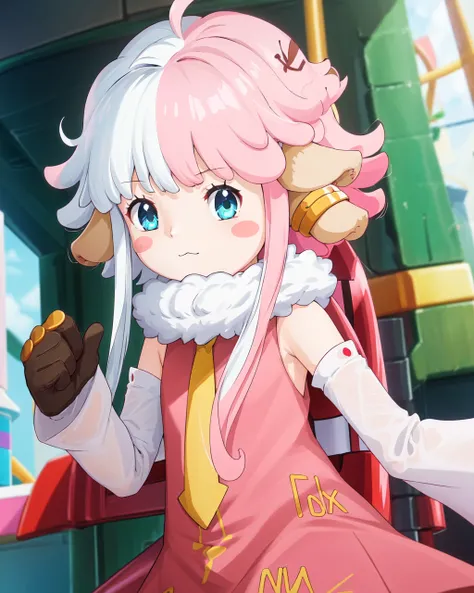 <lora:Atlas-10:0.7>,1girl,pink hair, white hair, blue eyes, multicolored hair, animal ears,long hair,two-tone hair, gloves, blush stickers, necktie,detached sleeves, dress,