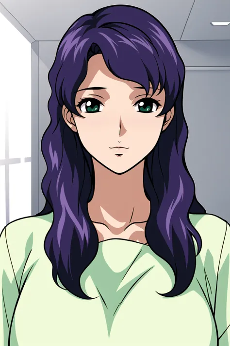 Simple White Background,
green shirt,short sleeves, 
<lora:Caridad_Yamato_GundamSeed-KK77-V2:0.7>,
Green eyes, purple hair,bangs,Long hair,
<lora:Oda_Non_Style-KK77-V2:0.3>,<lora:more_details:0.1>,
1 girl, 20yo,Young female,Beautiful long legs,Beautiful bo...