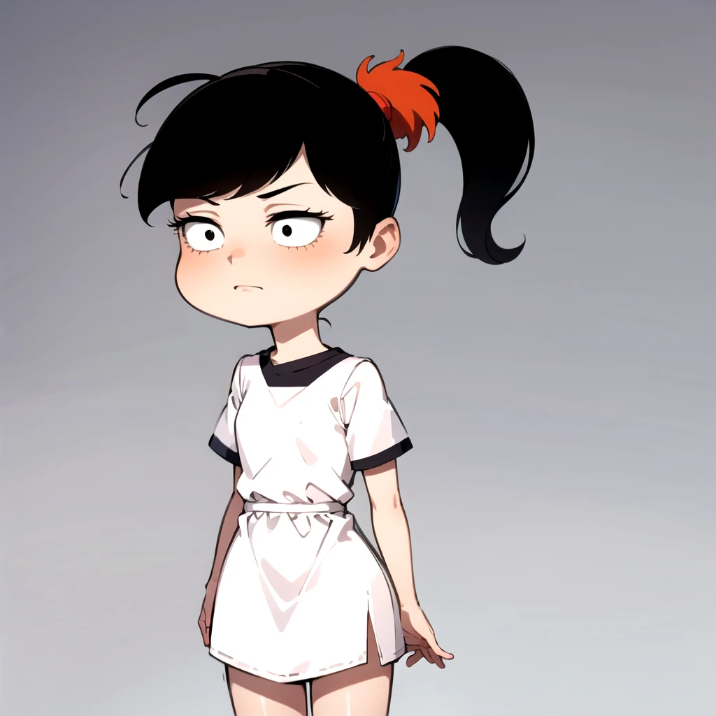 1girl, black hair, solo, ponytail, akiko yoshida,  white dress, black eyes,  shirt, short sleeves,    <lora:Akiko_Yoshida_Leaf1:0.8>,   gradient background, simple background,