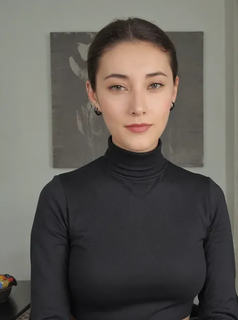 Portrait photo of k3llyt3sh woman, black turtleneck blouse