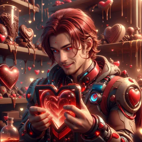 <lora:ValentineTech-18:1>, valentinetech, scifi, chocolate  , tasty details, 
 scholar , scroll, 1boy, man, long hair, red hair, glowing eyes, smile ,closed mouth, multicolored hair, holding a tablet, in a lab