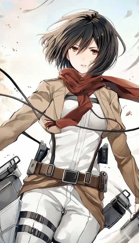 <lora:mikasa ackerman:0.75>,<lora:orie:0.45>,mikasa ackerman,illustration,watercolor style,dreamy atmosphere,The image showcases a female animated character with short black hair,and a determined expression. She is dressed in a beige and white uniform,ador...