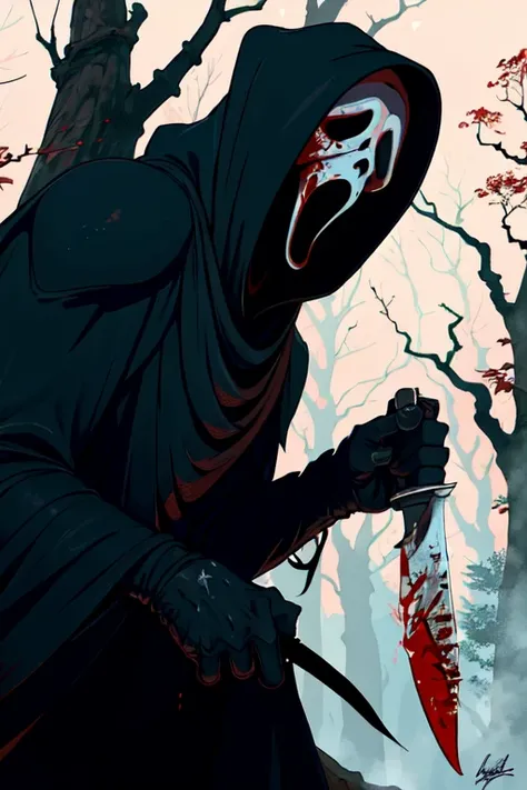 masterpiece,best quality,extreme detail,8k,white background,<lora:ghostface:0.8>,ghostface, solo, open mouth, holding, weapon, outdoors, signature, hood, holding weapon, tree, blood, mask, night, knife, nature, cloak, 1other, hood up, forest, holding knife...