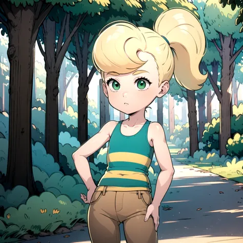 1girl, solo, blonde hair, cindy vortex, ponytail, green eyes, green tank top, brown pants, child, striped tank top, bangs,     <lora:Cindy_Vortex_Leaf6:0.8>, hand on hips, forest,