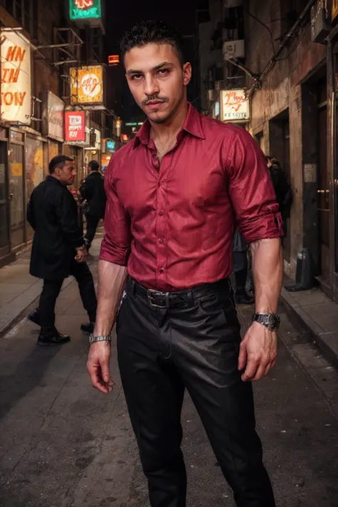 <lora:tiger_tyson_2-21:0.8> tgrtsn, facial hair, New York [alleyway|street] with neon signs, wearing a silk burgundy dress shirt and black (leather:0.5) pants, wristwatch