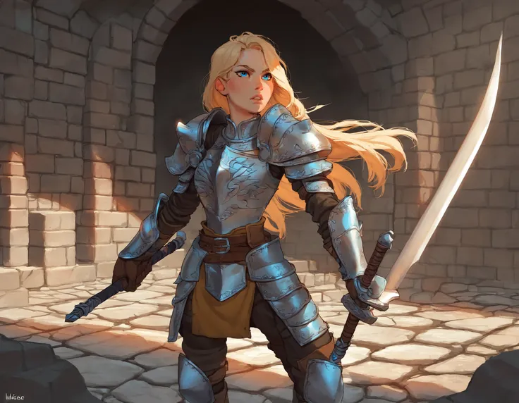 1girl, female, solo,
paladin, plate armor, breastplate, holding sword, longsword,
blonde hair, blue eyes,
dungeon, underground, stone bricks, contrast, standing,
BREAK
score_9, score_8_up, score_7_up, score_6_up, source_cartoon, rating_safe, contrast
<lora...