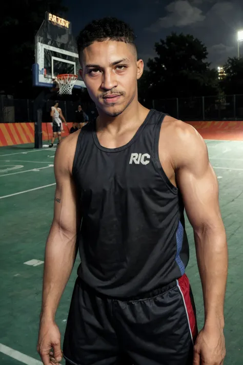 <lora:tiger_tyson_2-21:0.9> tgrtsn, facial hair, urban New York outdoor basketball court backdrop, [high contrast lighting|dynamic lighting], (smirk:0.5) <lora:Clothing - Sexy Basketball Player:0.4> dressed as basketballplayer, tight tank top, dynamic move...