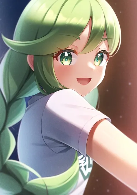 <lora:sabi:0.6>,sabi, 1girl, solo, long hair, smile, open mouth, bangs, long sleeves, hair between eyes, twintails, green eyes, braid, :d, green hair,  twin braids, eyelashes,  closed mouth, white shirt, short sleeves, sidelocks, hairclip, shiny, from side...