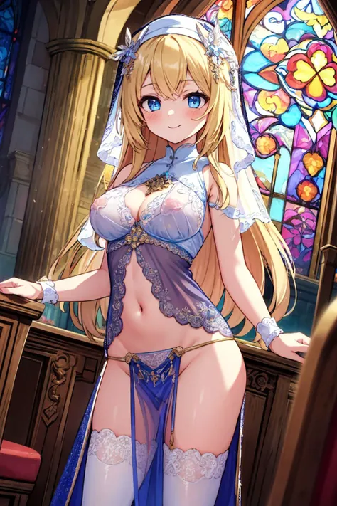 (Masterpiece:1.3), (best quality:1.2), (detailed background:1.1), (intricate details:1.1), (detailed background:1.2), fantasy theme, 1girl, (soft skin:1.2), long blonde hair, blue eyes, (medium breasts:1.2), nun, lingerie, (pelvic curtain:1.2), (groin:1.2)...