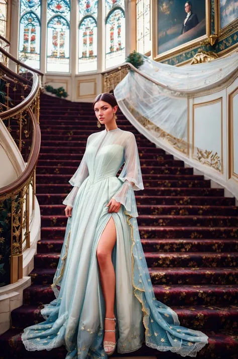 A stunning intricate full color picture of a beautiful woman, wearing a Belle poque gown on a grand staircase, closeup,, epic character composition,by ilya kuvshinov, alessio albi, nina masic,sharp focus, subsurface scattering, f2, 35mm, film grain, pale <...