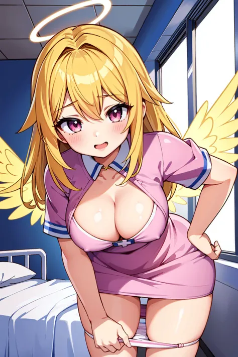 1girl, solo, soft skin, yellow hair, pink eyes, halo, medium breasts, nurse dress, angel wings, (naughty face:1.2), bent over, hospital room, (open dress:1.1), (panty pull:1.1), cleavage, <lora:detail_slider_v4:1.25>, Masterpiece, best quality, detailed ba...