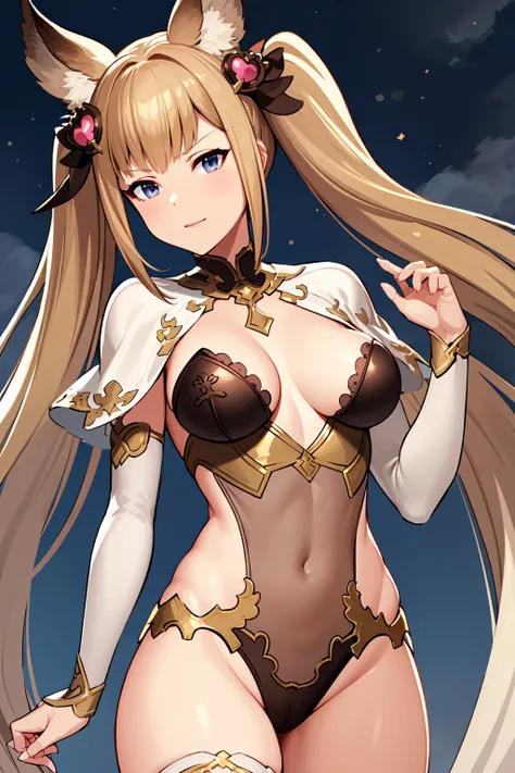 masterpiece, best quality, <lora:Meterav2:0.7>metera, transparent leotard, white capelet, white detached sleeves, hair ornament, twintails, white thighhighs,cowboy shot, night sky, cloud