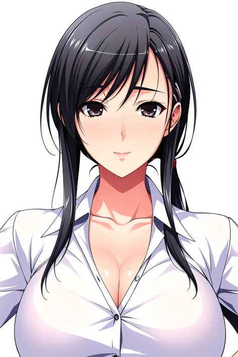 Simple White Background,
white shirt,long sleeves,collared shirt, collarbone, cleavage, 
<lora:Hiiragi_Ayako_Walkure-KK77-V1:0.7>,
black eyes, black hair,bangs,Long hair,
<lora:Oda_Non_Style-KK77-V2:0.3>,<lora:more_details:0.1>,
1 girl, 20yo,Young female,B...