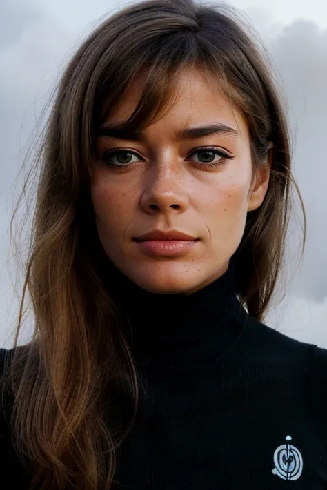 FrancoiseHardy, ((black clothing, black turtleneck, black background, floating head:1.2)), (engulfed by thick layered white smoke:1.2), serious look, tense, anxious