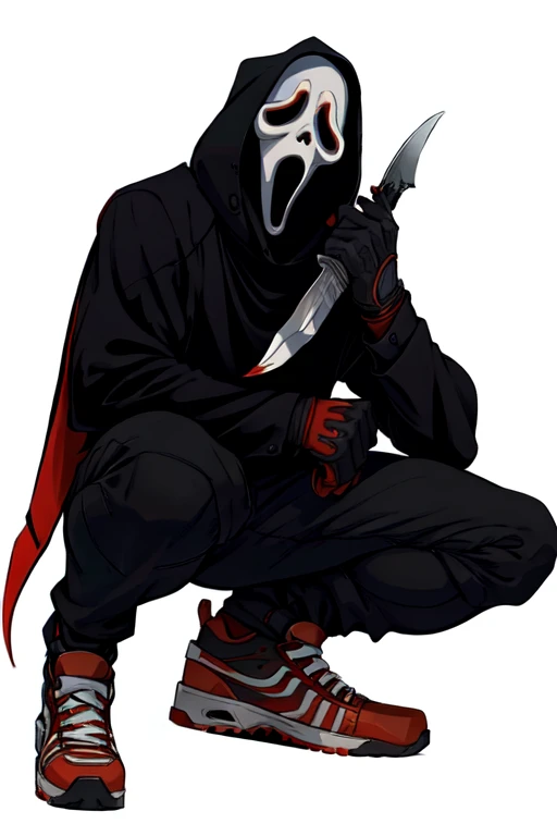 masterpiece,best quality,extreme detail,8k,white background,<lora:ghostface:0.8>,ghostface,solo,gloves,long sleeves,1boy,holding,full body,weapon,male focus,shoes,black gloves,pants,hood,holding weapon,mask,black pants,squatting,knife,red footwear,sneakers...