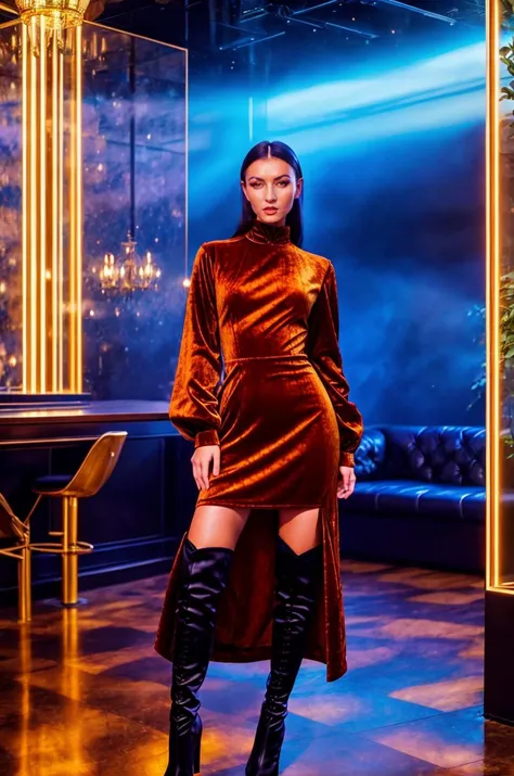 A stunning intricate full color picture of a beautiful woman, wearing a velvet dress with thigh-high boots in a chic lounge, portait, epic character composition,by ilya kuvshinov, alessio albi, nina masic,sharp focus, subsurface scattering, f2, 35mm, film ...