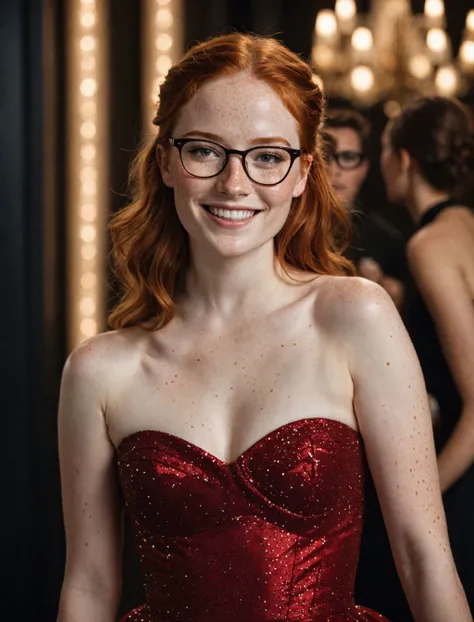 cinematic photo cinematic photo Full frame shot, wide shote, Geeky but beautiful slim ginger haired girl with glasses (freckles:1.6)  in a low-cut strapless red sparkly ballgown at a dark black  party , Big smile.  at a part (bare feet:1.1). (dynamic pose)...