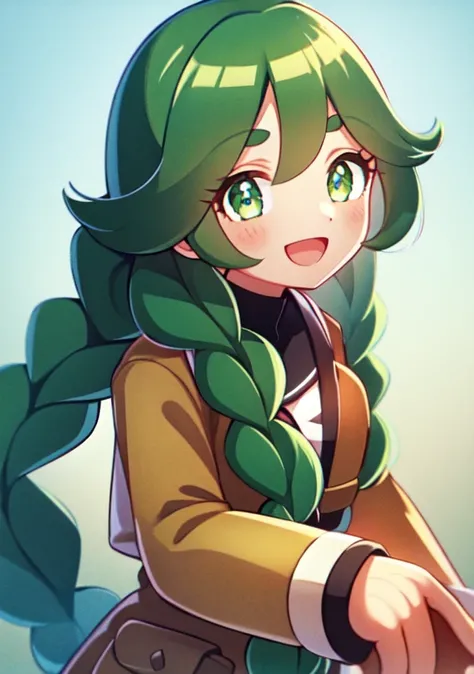 <lora:sabi:0.6>,sabi, 1girl, solo, long hair, smile, open mouth, bangs, long sleeves, hair between eyes, twintails, green eyes, braid, :d, green hair,  twin braids, eyelashes,