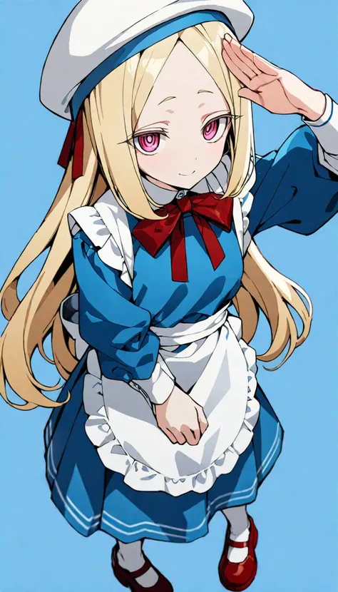 illustration,1girl,anime character,female,long blonde hair,blue dress,white apron,red bow,white beret,red shoes,light pink eyes,smiling expression,<lora:Morino Korisu:0.65>,blue_background,simple background,close-up,salute,, masterpiece, best quality,