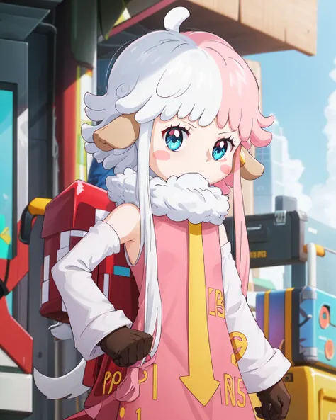 <lora:Atlas-10:0.7>,1girl,pink hair, white hair, blue eyes, multicolored hair, animal ears,long hair,two-tone hair, gloves, blush stickers, necktie,detached sleeves, dress,