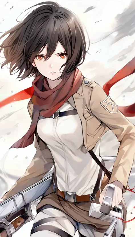 <lora:mikasa ackerman:0.75>,<lora:orie:0.45>,mikasa ackerman,illustration,watercolor style,dreamy atmosphere,The image showcases a female animated character with short black hair,and a determined expression. She is dressed in a beige and white uniform,ador...