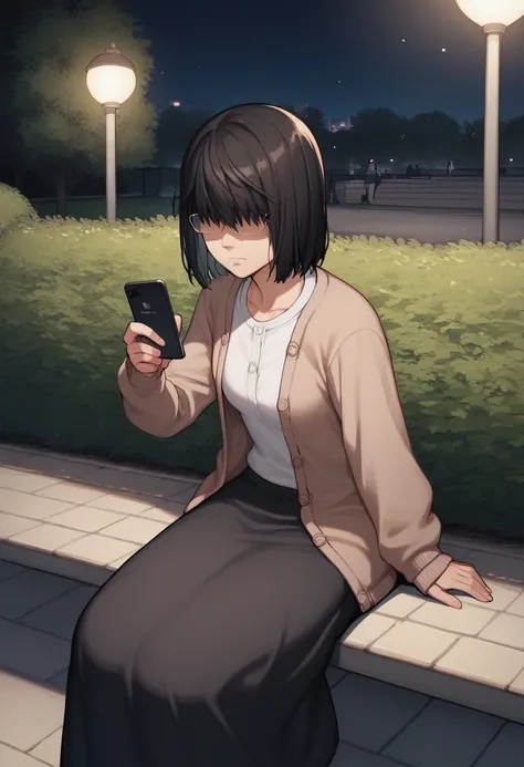 score_9, score_8, score_7, source_anime,
rating_general,
<lora:saori-ponyxl-000030:1> shirosakisaori, glasses,
cardigan, black skirt, long skirt,
1girl, gloom (expression), shaded face, looking at phone, sitting, park, night