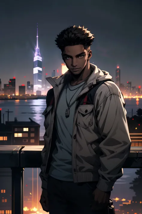 ((ultra detailed, masterpiece, absurdres))
<lora:DPDIMMark:0.9>
DPDIMMark, 1boy, dark skin, brown eyes, short hair, Glowing Cityscape with City Lights in the Background