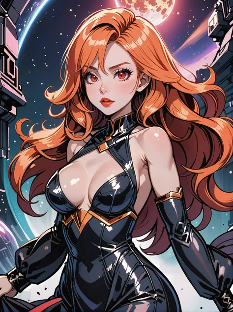 anime style, 1girl, woman, evil queen, (red lipstick:1.3),(flowing dress:1.3), bombshell hair, crimson hair with orange highlights, long bombshell hair, chubby, narrow waist, medium breasts, caucasian, infinite scifi arcology at the end of time<lora:EnvyLi...