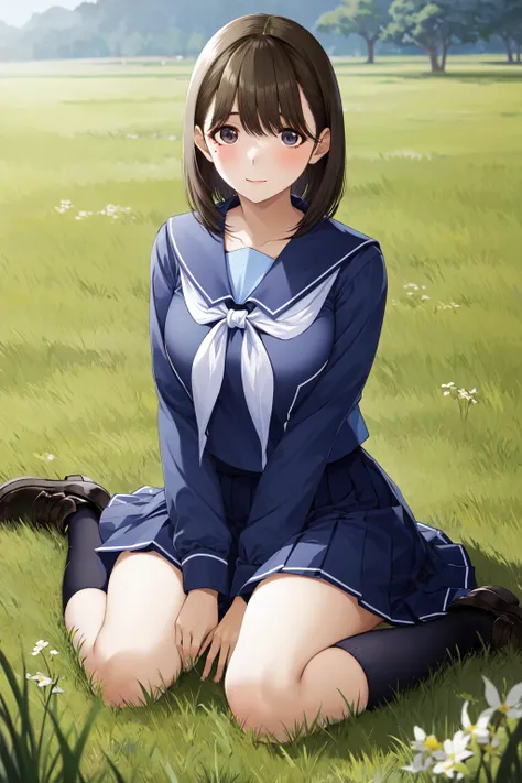 masterpiece, best quality, highres, aanene, short hair, blue serafuku, blue shirt, long sleeves, blue sailor collar, white neckerchief, pleated skirt, blue skirt, <lora:anegasaki_nene_v1:0.7>, wariza, grass, field,