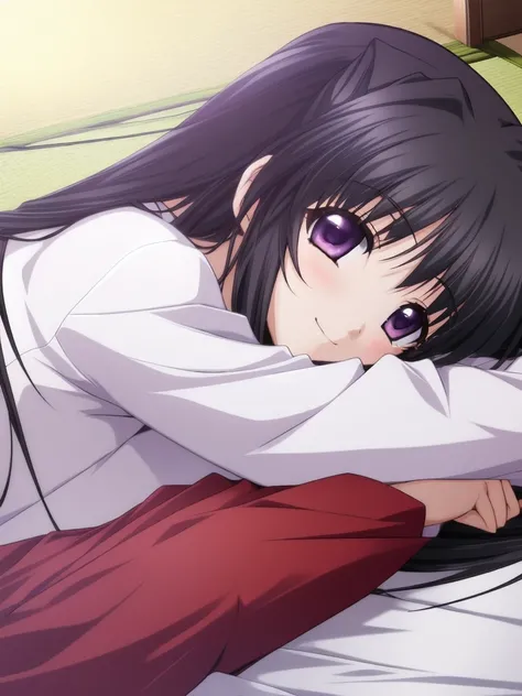 <lora:Mashita_Haruka:0.8>,  MashitaHaruka, 1girl, solo, lying, futon, long sleeves, on side, bed, tatami, under covers, smile, purple eyes, looking at viewer, blanket,
masterpiece, high quality, very_high_resolution, large_filesize, full color,