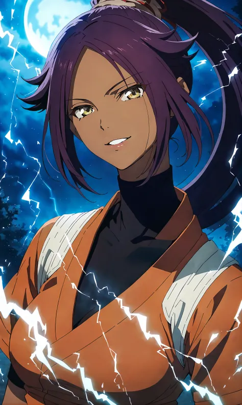 <lora:Yoruichi12:0.8>,Yoruichi, outdoors, parted lips, full moon, yellow eyes, smile, night sky, long hair, purple hair, ponytail, dark-skinned female, parted bangs, dark skin, 1girl,medium breasts,orange shirt, looking at viewer,portrait, electricity,anim...