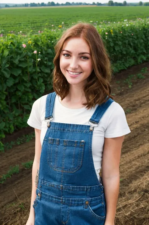 A stunning intricate full color picture of a beautiful woman, wearing a farmer overalls on a farm, portait, epic character composition,by ilya kuvshinov, alessio albi, nina masic,sharp focus, subsurface scattering, f2, 35mm, film grain, cute smile,  <lora:...