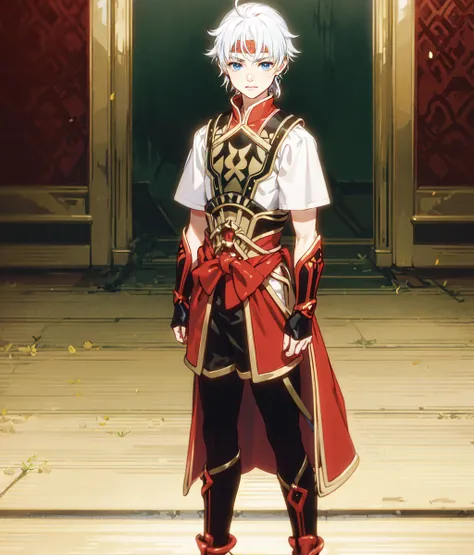 masterpiece, anime screencap, 1 boy, solo, white hair, blue eyes, short hair, earring, black gold outfit, white short sleeves, fingerless gloves, full body, indoors, chinese palace, cowboy shot  <lora:Freyjadour:1>