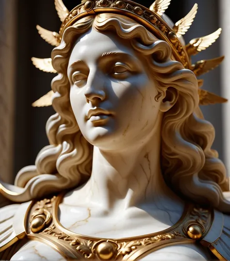 Greek marble and gold statue of a goddess with angels, renaissance art, hyperdetailed, 8k, hyperrealistic, close up, intricate details, masterpiece, unreal engine render, stunning lighting, beautiful shadows